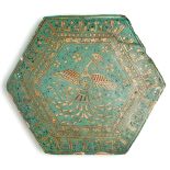 □ A LARGE HEXAGONAL FAUX LAJVARDINA TILE, POSSIBLY PERSIA, 19TH CENTURY
