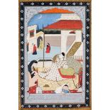 A MAIDEN RECLINES ON A TERRACE AT NIGHT, PAHARI, PROBABLY KANGRA, FIRST HALF 19TH CENTURY