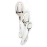 A PAIR OF GEORGE III SILVER TABLESPOONS AND EIGHT TEASPOONS, JOSEPH HICKS, EXETER, 1786 AND CIRCA