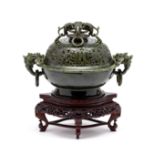 A CHINESE SPINACH JADE ARCHAISTIC CENSER AND COVER, 20TH CENTURY
