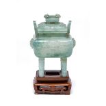 A CHINESE ARCHAISTIC JADEITE CENSER AND COVER, 20TH CENTURY