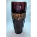 An amethyst coloured glass vase in the Moser style, with gilt rim depicting classical scenes,