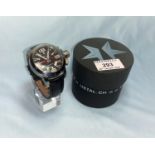 Two modern gents chronograph wristwatches by Metal.CH, with Swiss movements, on leather straps,