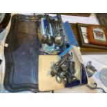 Two large silver plated gallery trays; another smaller; a selection of boxed and loose cutlery