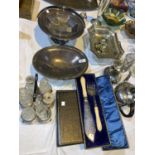 Two swing handled cake dishes; a selection of other EPNS