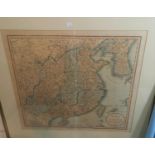 "A New Map of China, 1819", framed and glazed; a wine map; 2 prints