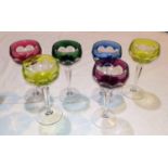 A set of 6 coloured hock glasses, overlaid and cut back (1 rim chip)