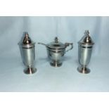 An Art Deco style silver cruet set, 2.7 oz; a cake slice and sauce ladle, 2.5 oz; a knife