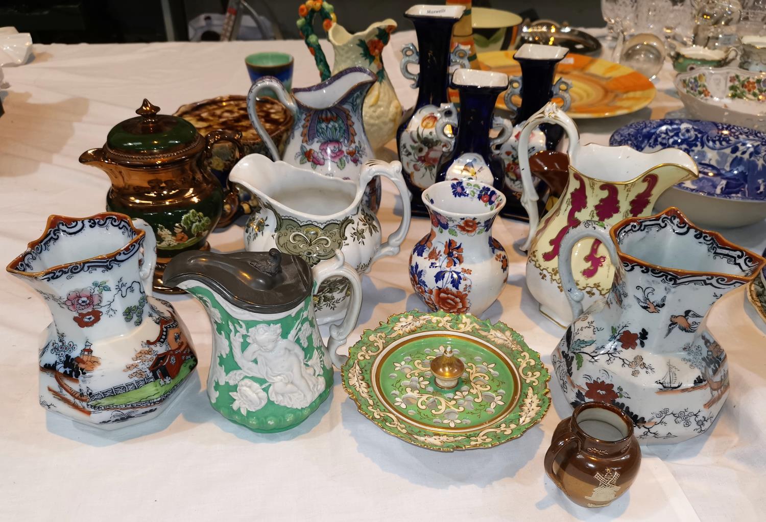 A Victorian garniture of 3 blue ground vases, 25 cm; other decorative china