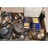 A selection of silver plate: 19th century teaware; 2 small table centres; boxed cutlery; etc.;
