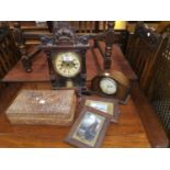 An Edwardian mantel clock with strike; a 1930's oak cased mantel clock; 2 miniature pictures; an