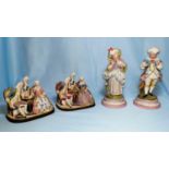 A pair of continental colour bisque figures of a boy and girl, 20 cm; 2 similar figure groups of