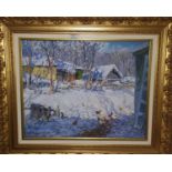 Valentin Kuts (b. 1940): "Farmyard in Winter", oil on canvas, signed on reverse, 40 x 50 cm, framed