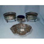 Two hallmarked silver salts (no liners); another; a hallmarked silver dish, gross weight 4.3 oz