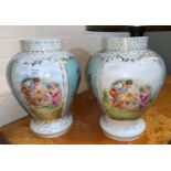 A pair of Vienna style porcelain vases with panelled decoration after Bouchet, 32 cm (some