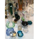 A section of coloured cut glass: a large bubble vase; a Mdina style glass dish; etc.