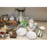 An Art Nouveau ewer; a pair of Art Deco figures; 2 jelly moulds; a set of 12 Wind in the Willows,