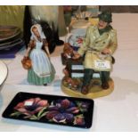 Two Royal Doulton figures: Lunchtime & Milkmaid; a Moorcroft dish