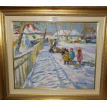 Viktor BYELOUSOV (1952): "On the Way to School", oil on canvas, signed, 38 x 46 cm, framed