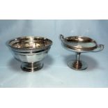 A silver bowl with pedestal foot; a similar twin handled bowl, 6.5 oz