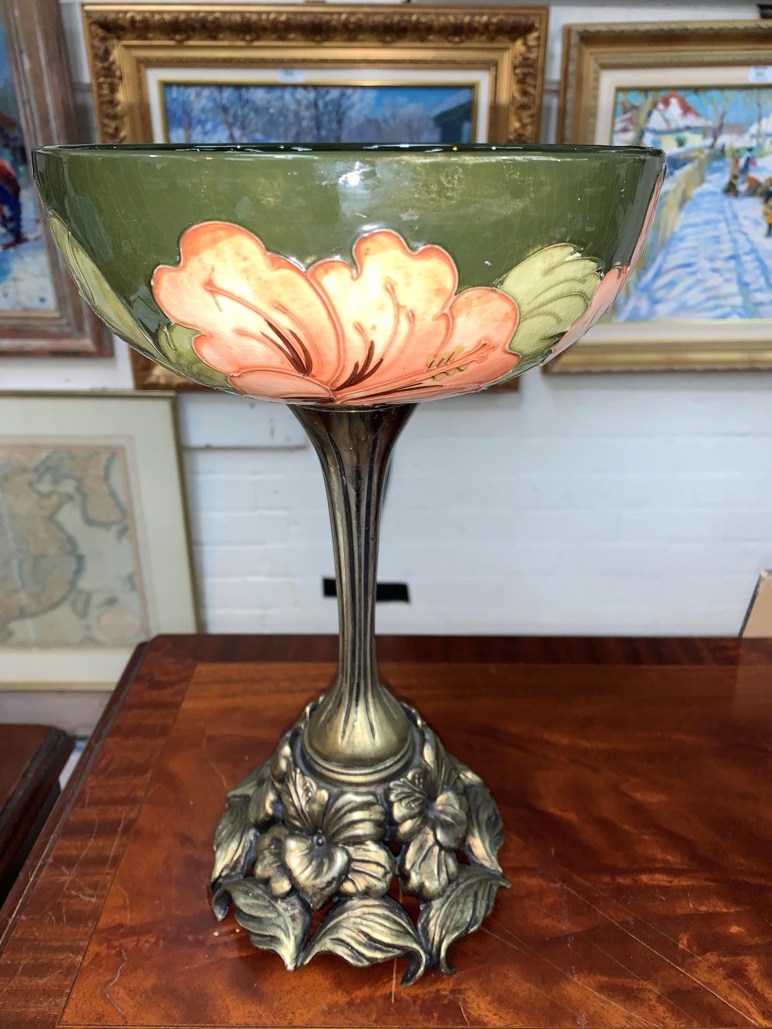 A Moorcroft bowl on cast metal stand