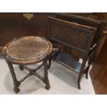 A 1930's oak and cane magazine rack with 2 divisions; a circular occasional table