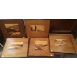 A 1930's set of 4 marquetry work panels, ebonised borders, 36 x 39 cm; another larger picture; a