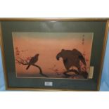 A Japanese colour wood block print, 2 birds of prey on a branch, 23 x 26 cm