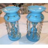 A Victorian pair of opaque blue glass lustres with faceted drops