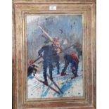 Grigory Andreevich SHPON'KO (1926-2005): "On the Slopes", skiers putting on their skis, oil on card,
