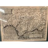 A Mercator/Hondius engraved map of Andaluzia, c. 1630's, 18 x 25 cm, framed