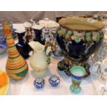 A Clarice Cliff "Celtic Harvest" jug; a Shelley conical dripware vase; a Victorian majolica