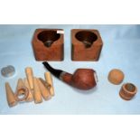 Four various wooden pipes; 2 burrwood pipe stands and smoking related items