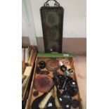 A selection of ebony trinket ware; a selection of oriental hardwood stands; a brass tray