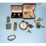 A gents gold plated pocket watch, open faced and keyless, on chain; a silver vesta case;