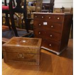 A 19th century mahogany apprentice chest of 3 long and 2 short drawers; a Victorian walnut and