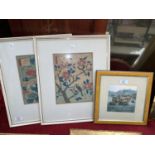 A pair of Japanese wood cut pictures depicting birds on trees, framed and a water colour Chinese