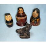 A 19th century Chinese small bronze temple dog; 2 late 19th/early20th century small Russian doll