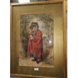 F W Topham: Young woman in a red cloak holding a hand of cards, watercolour, signed, 54 x 35 cm,