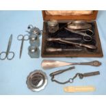 A silver handled manicure set in oak case etc