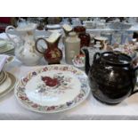 A Crown Devon red lustre jug; a Victorian large presentation teapot; decorative china/glass