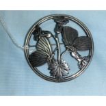 Georg Jensen, A large circular brooch 'Moonlight Blossom', No 283, butterflies on foliage, 5.5 cm,