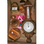 An Edwardian barometer with thermometer in carved oak case; a carriage clock; treen; etc.