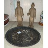 A pair of Chinese stoneware "Terracotta Warriors"; a niello style pewter dish with silver inlay