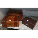 A walnut writing box; another wooden box; a jewellery box; a crystal light fitting