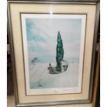 Salvador Dali: lithograph, surrealist image with boat and female figure, tones of blue/green, signed