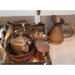Three 19th century graduating copper kettles; a 19th century hot water can; conical jug & coal