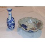 A Japanese Kutani porcelain bottle vase, 18 cm; a bowl with craquelure glaze, 22 cm; a large