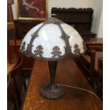 A mid 20th century Tiffany style bronzed table lamp with marbled mushroom shade, height 57 cm