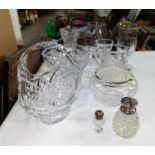 A silver topped cut glass scent bottle, another similar and a selection of cut glass bowls, vases